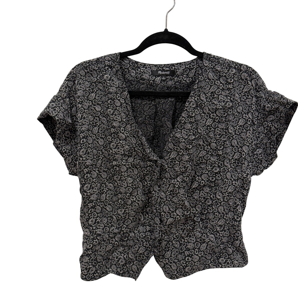 Madewell Womens Paisley V-Neck Wrap Front Crop Top Black White NP198 Size M